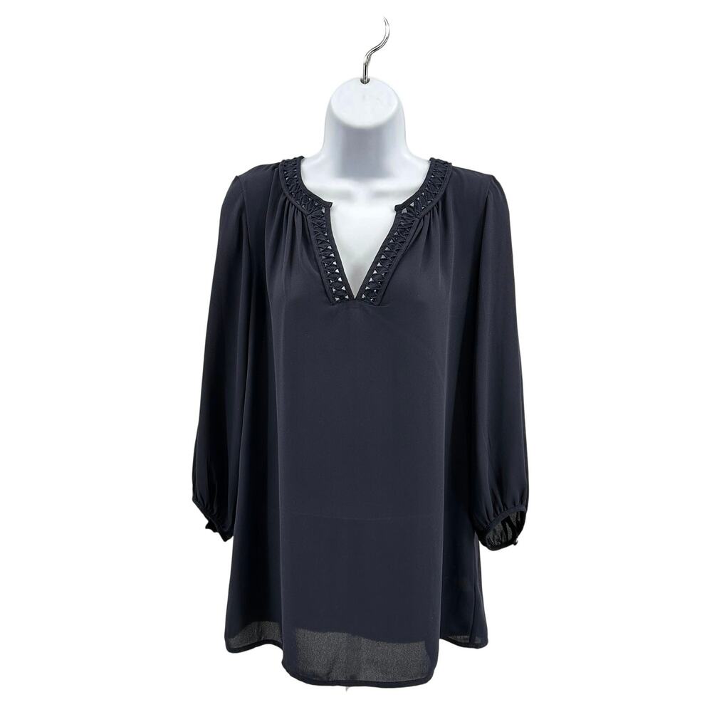 Banana Republic Cut-Out V-neck Tunic Top Women Small Navy Long Sleeve Perforated